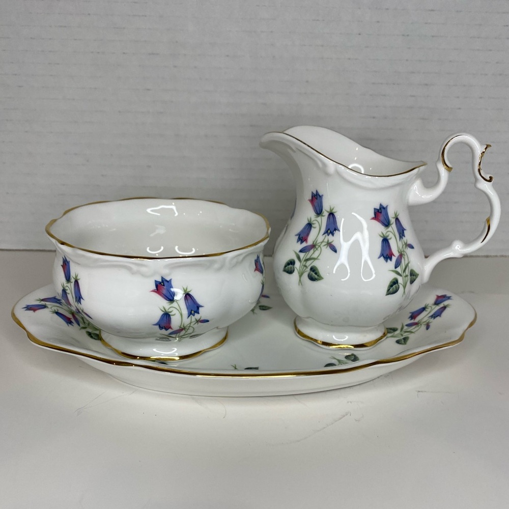 Vtg Royal Albert Bone China Creamer, Open Sugar, Underplate in Blue Bell Pattern